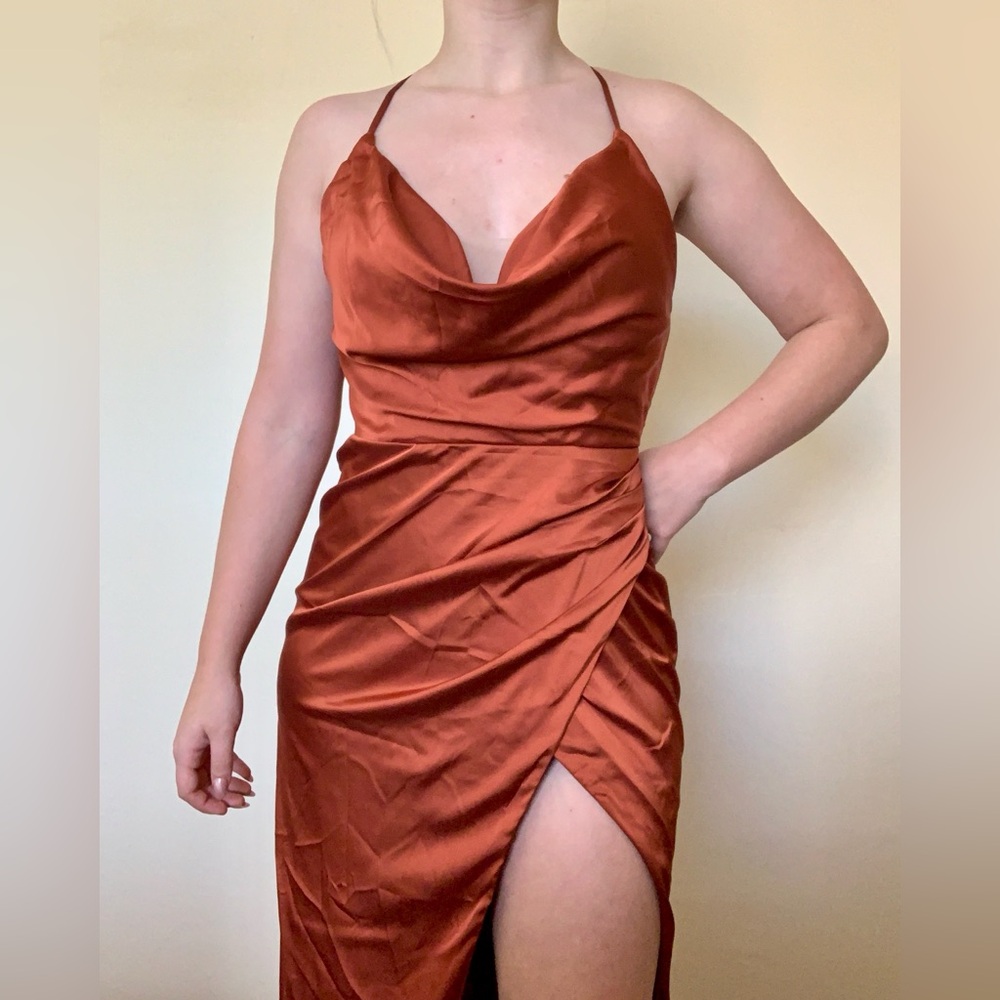 Cinderella Divine Open Back Draped Bodice Satin Fitted Evening Dress
